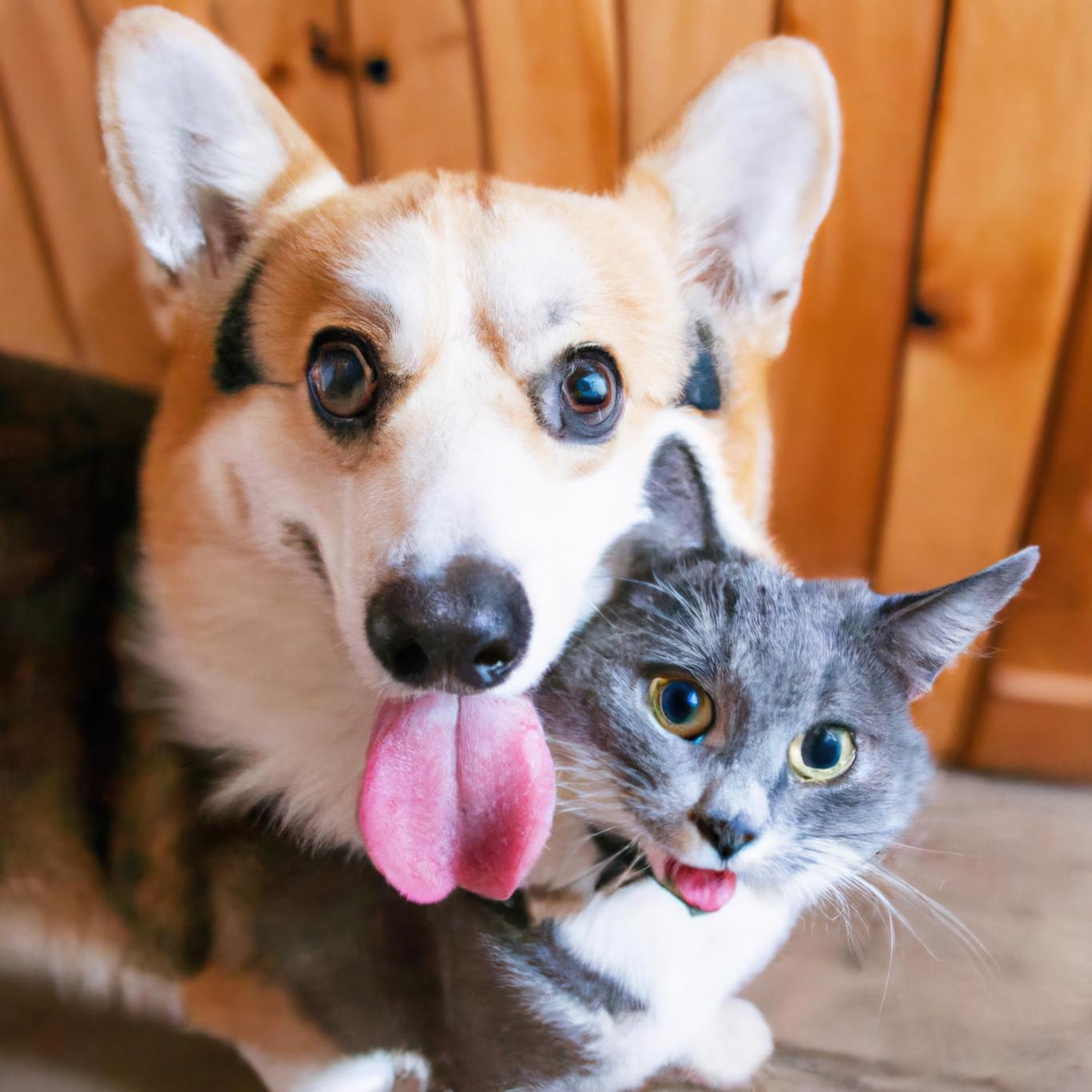 Corgi and gray cat sitting together with their tongues out.