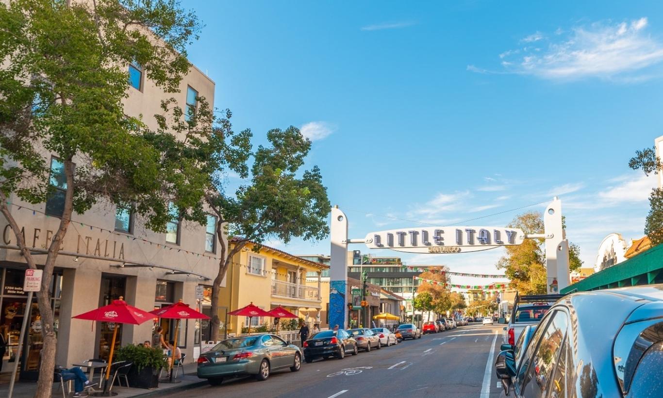 Street view of the Little Italy sign in San Diego, CA.