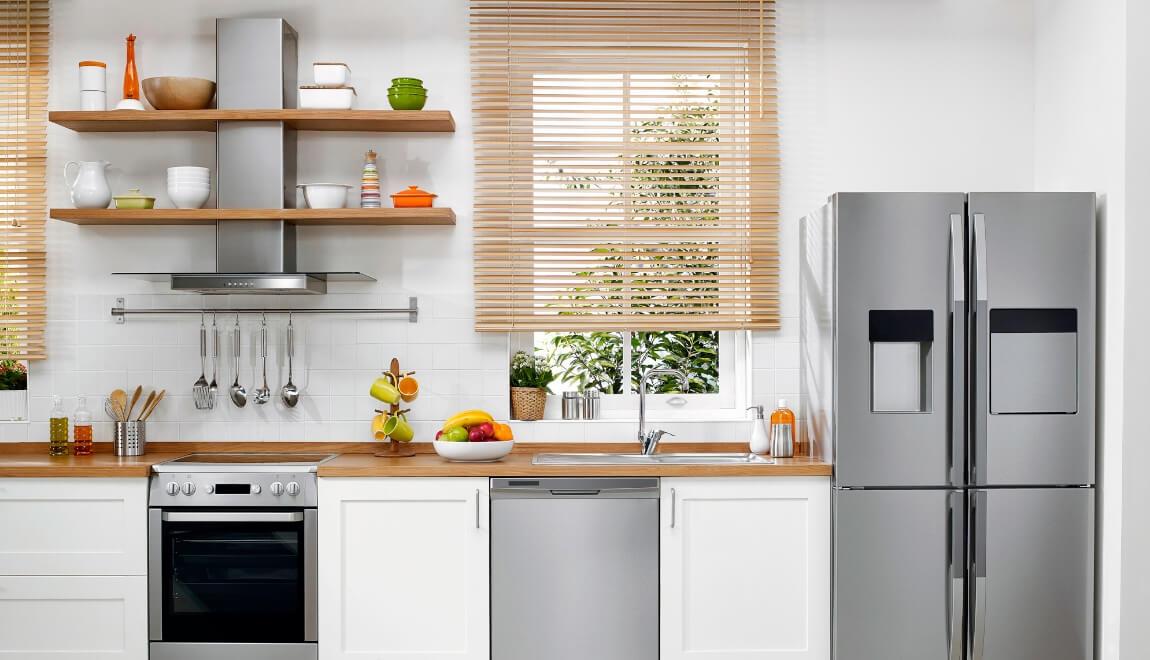 Open shelving in a kitchen. 