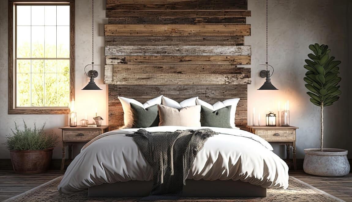 A rustic headboard made from reclaimed wood planks.