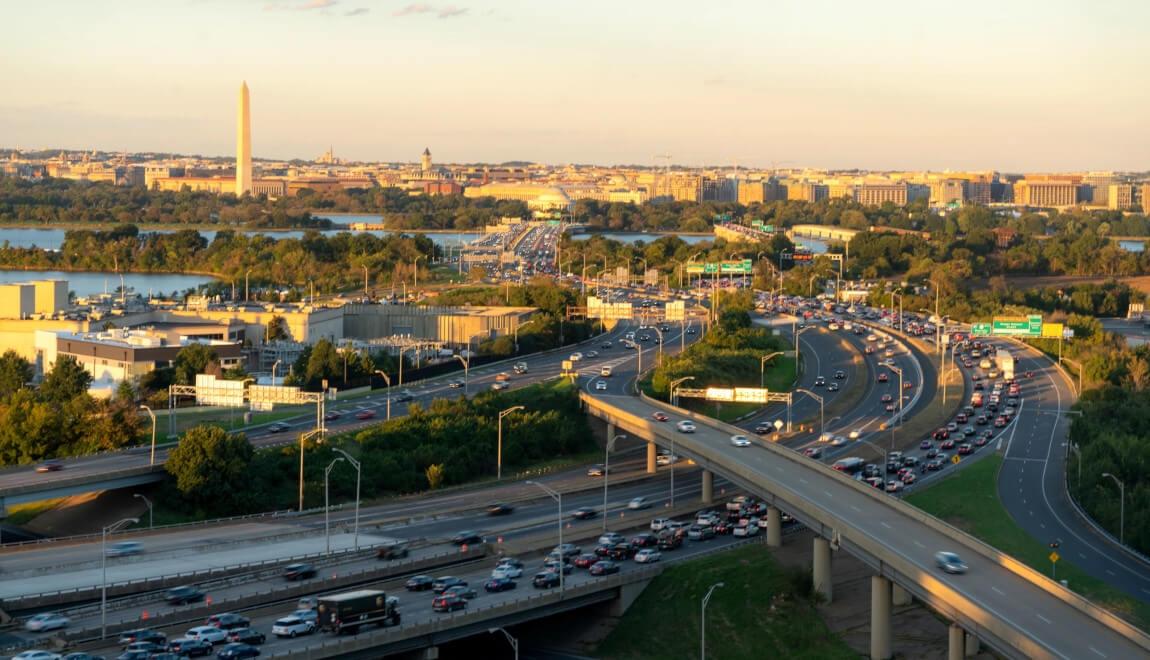 Aerial view of traffic on highways in Washington, DC.