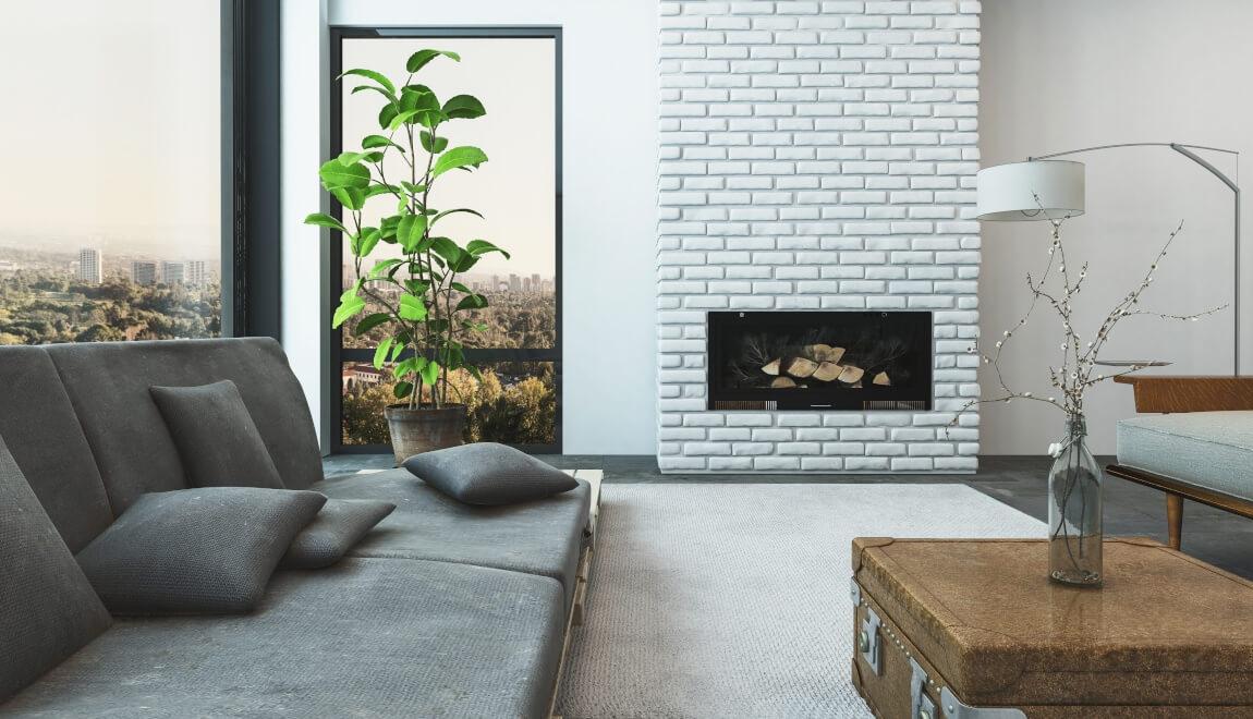 An elegant apartment living room with fireplace.