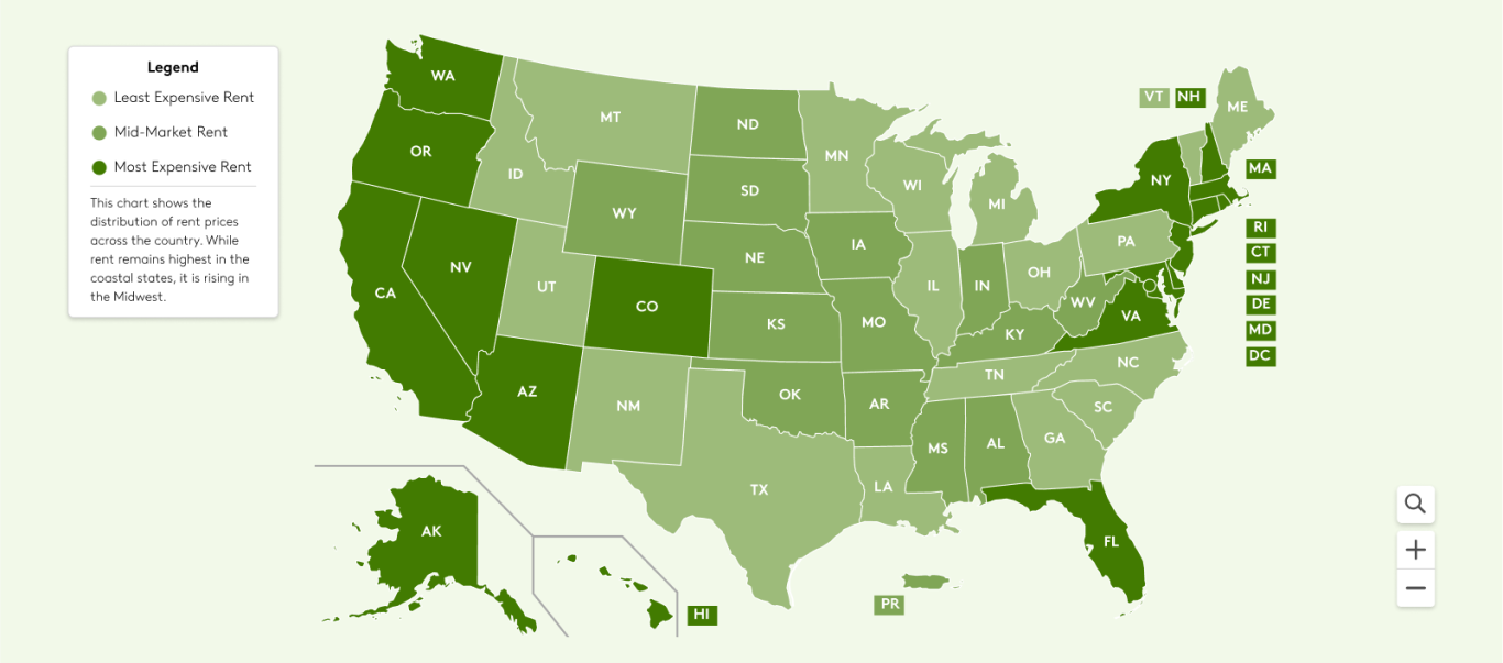 Map showing where rents are the highest to lowest.