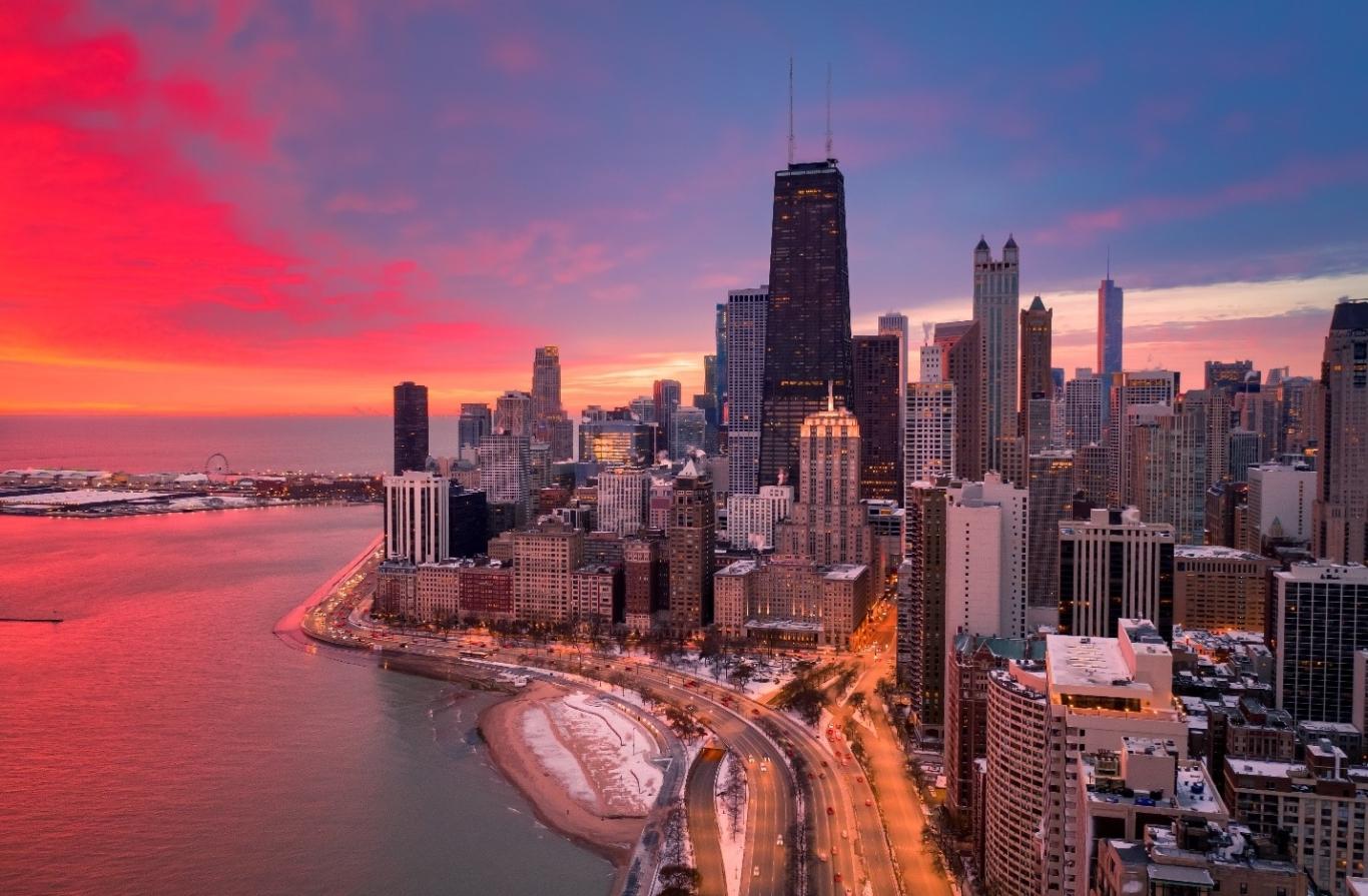 Gold Coast in Chicago, IL at sunset.