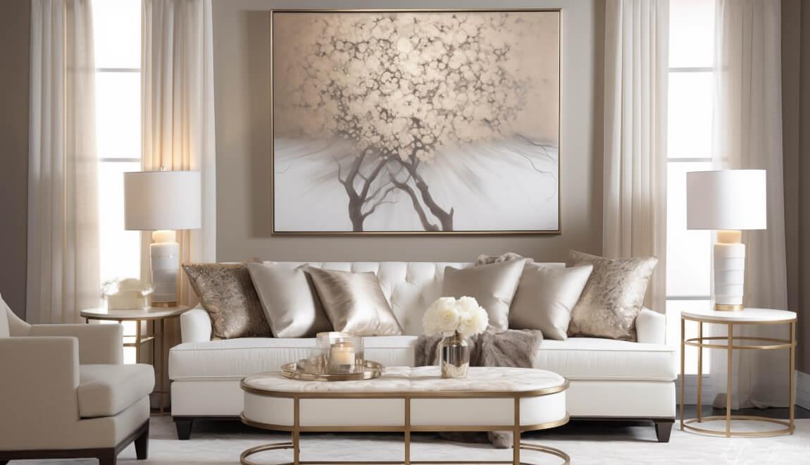 A living room with a large, silver painting above the couch.