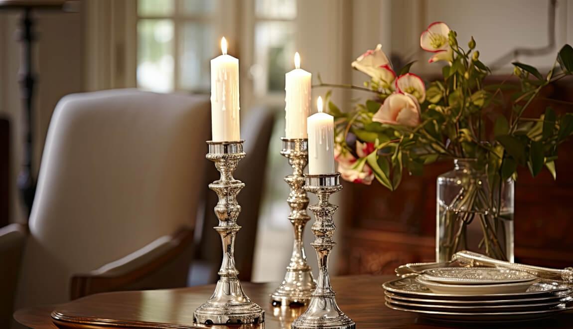 Silver candlesticks and chargers in the dining room. 