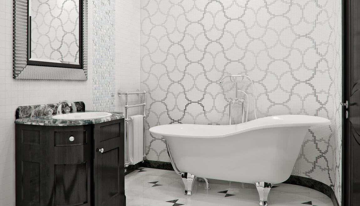 A bathroom with silver tones.