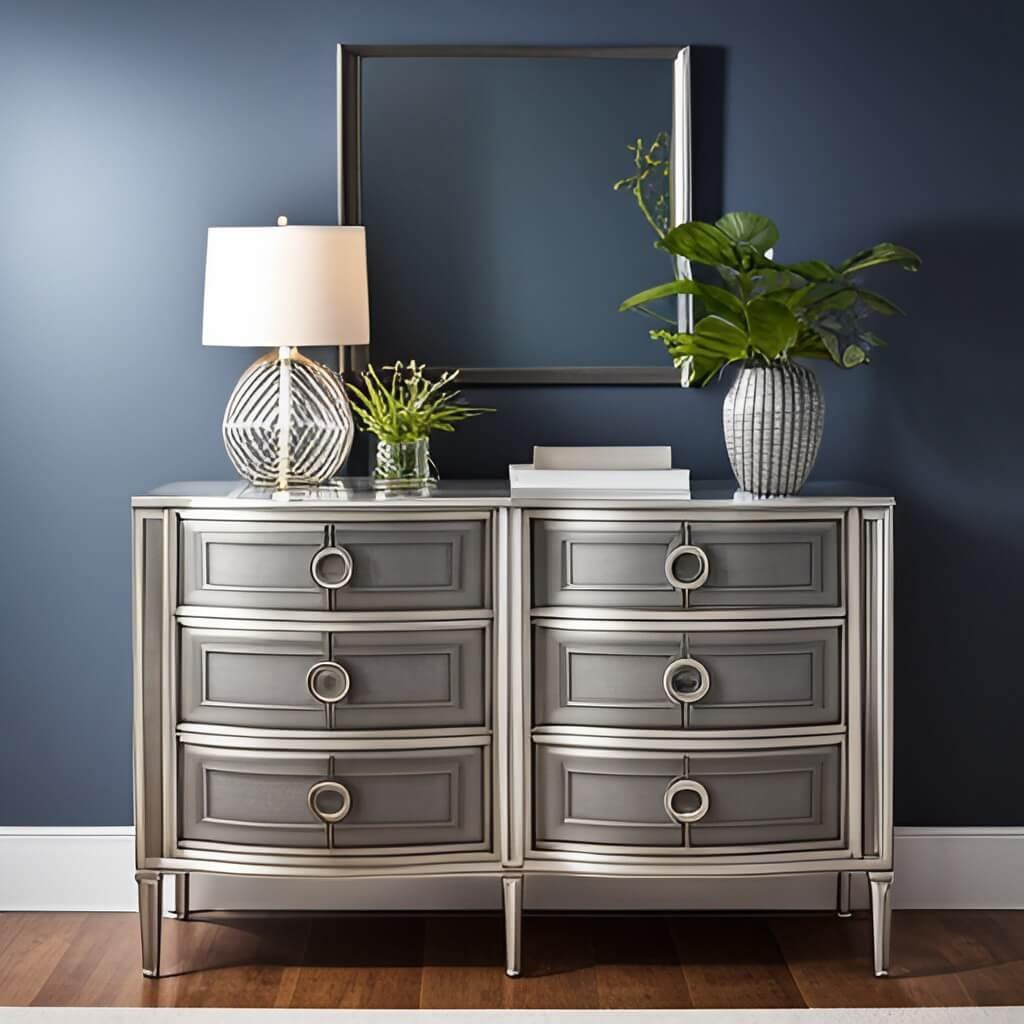 A silver dresser against a blue wall.