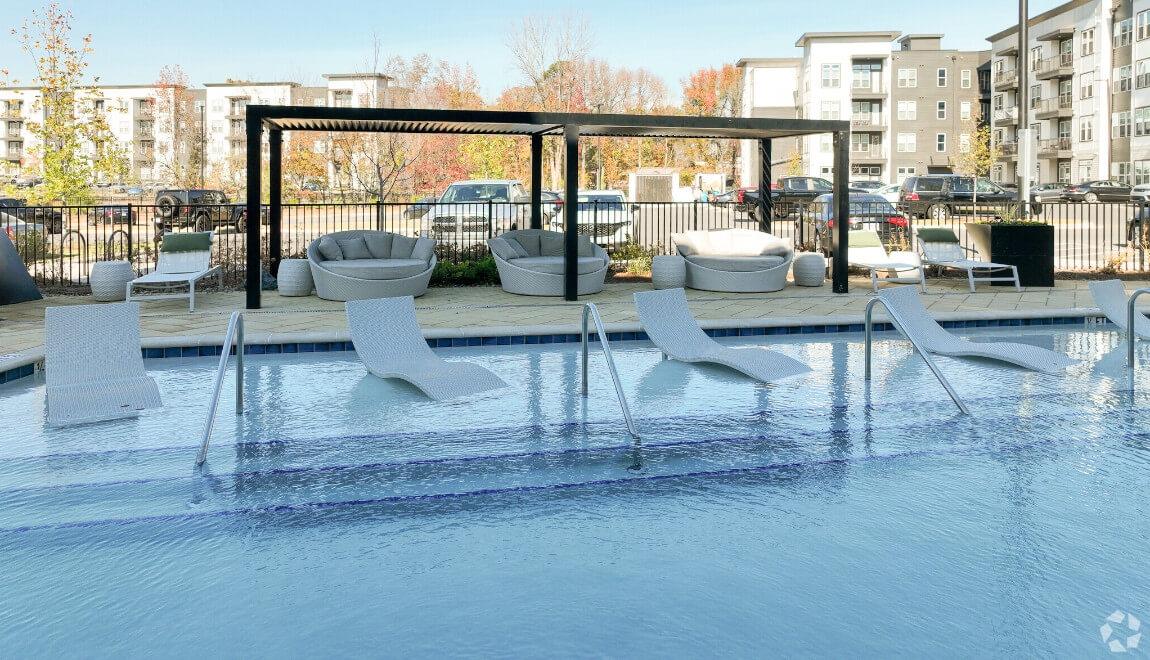 Pool lounge chairs at Tapestry Tyvola in Charlotte.