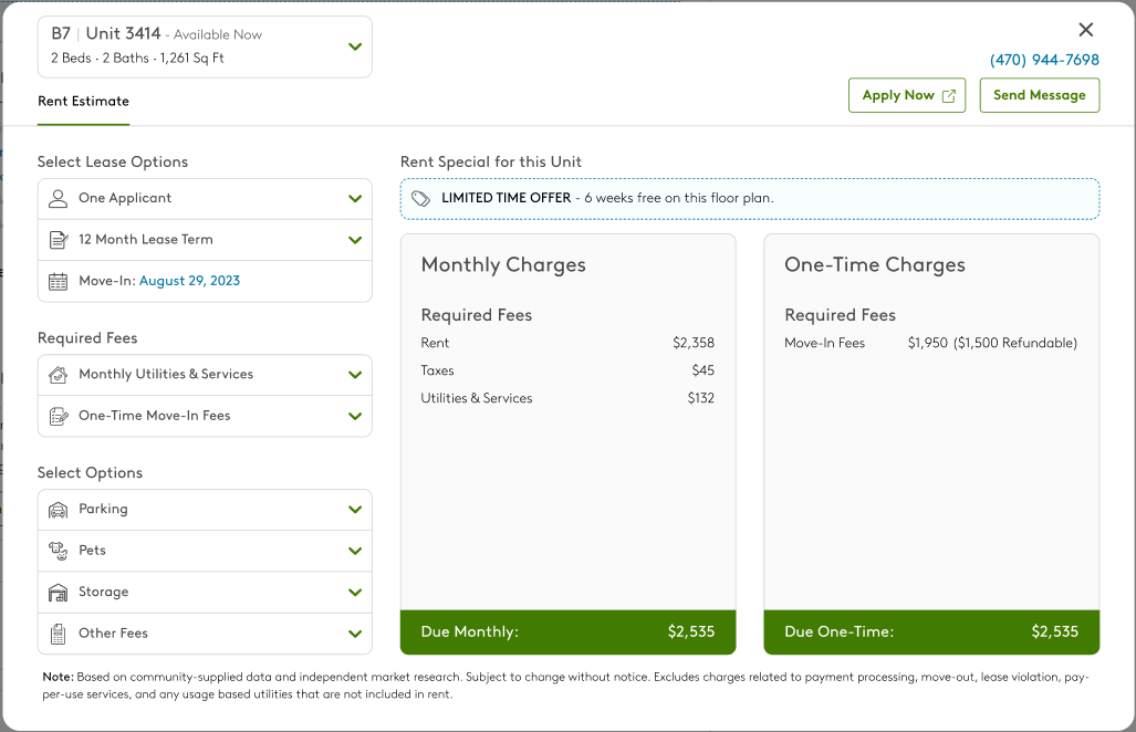 A screenshot of a rent estimate calculator.