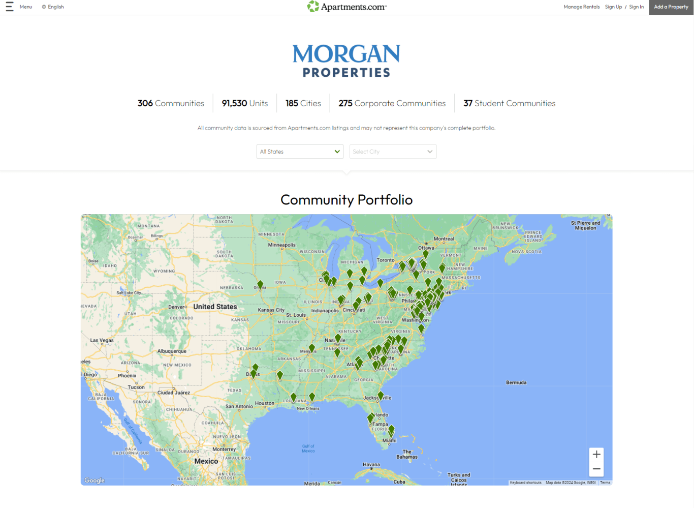 An image of Morgan Properties' property management profile on Apartments.com. 