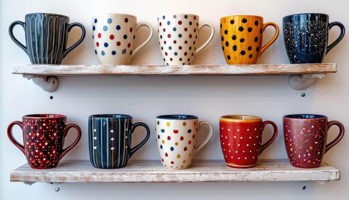 Colorful mugs lined up on two shelves