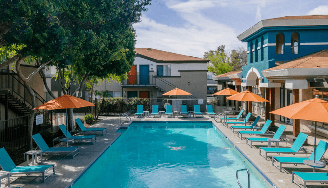 A view of the pool at the Morada Sky apartment complex