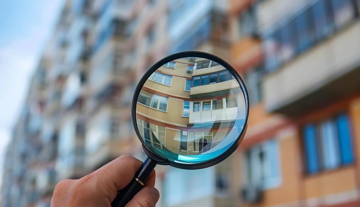 Renter holds a magnifying glass in front of an apartment.