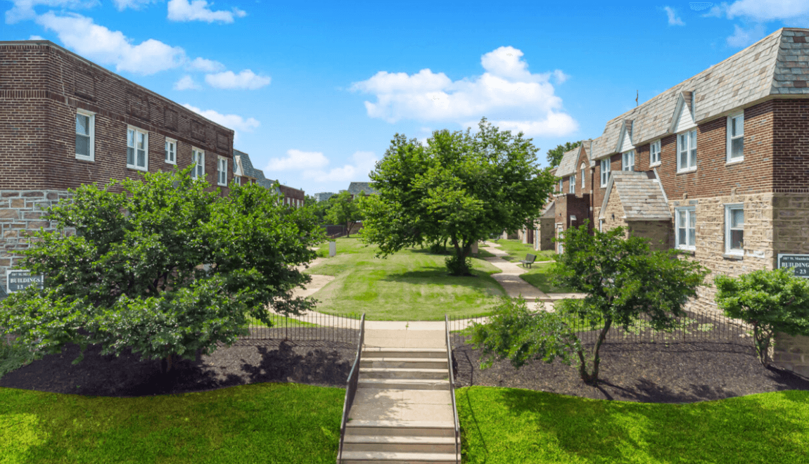 A green area sits at the center of the Willows Court Apartments in Germantown.