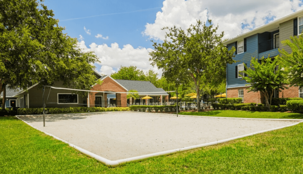 Residents of the Reflections apartment complex in University Square can enjoy a sand volleyball court.