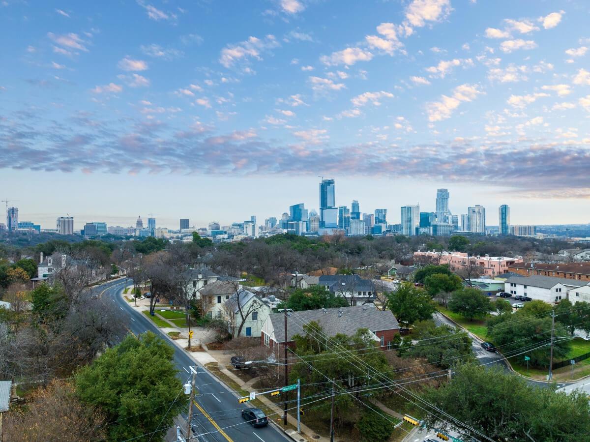 The Austin, TX skyline on a sunny day.