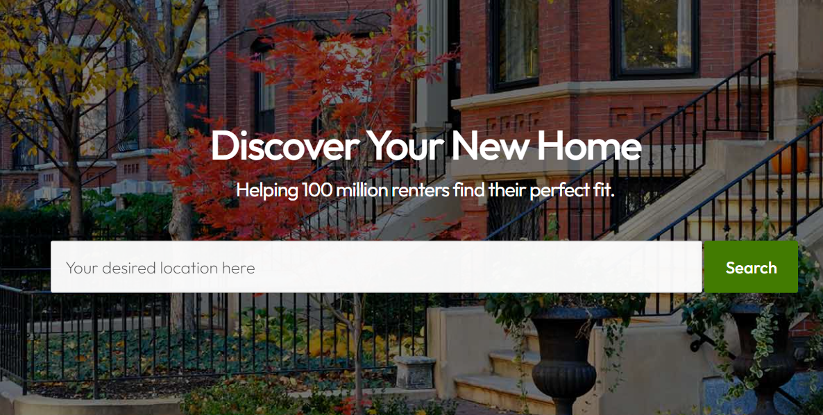 A screenshot of the Apartments.com home screen with the caption "Your desired location here" 