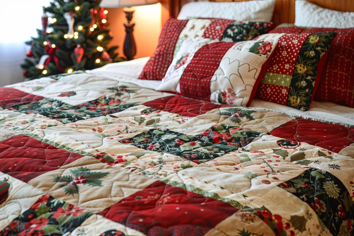 A bed is made with a red and green quilted bedspread with holiday patterns.