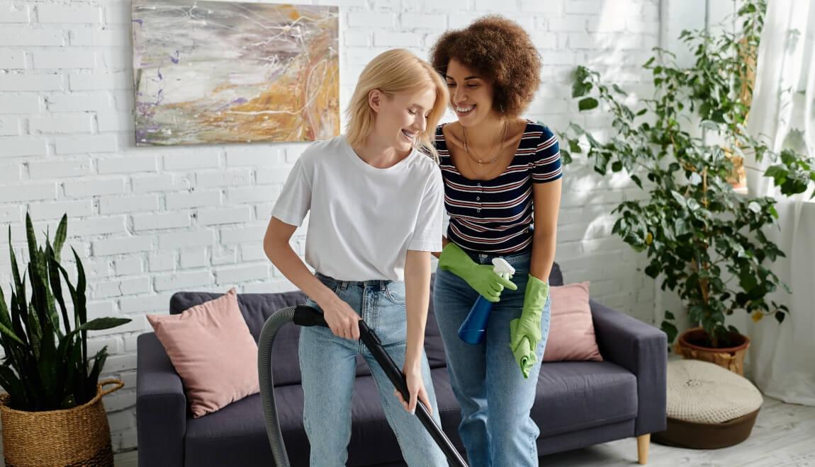 Roommates cleaning together.