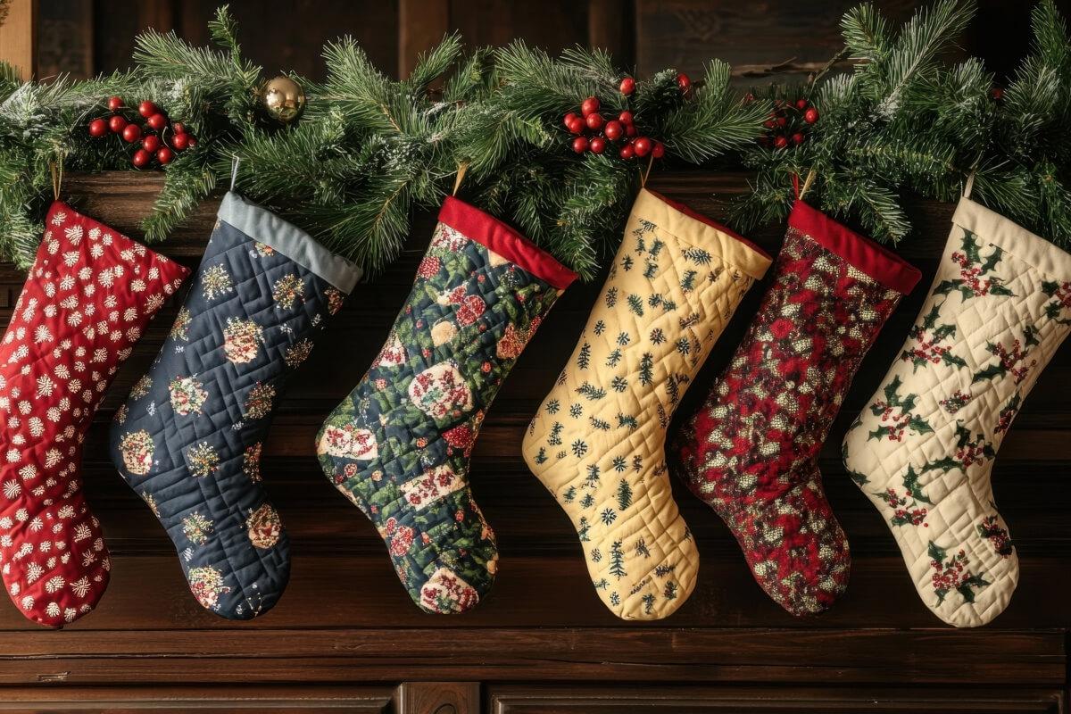 Six quilted stockings hang from a fireplace mantel decorated with greenery.