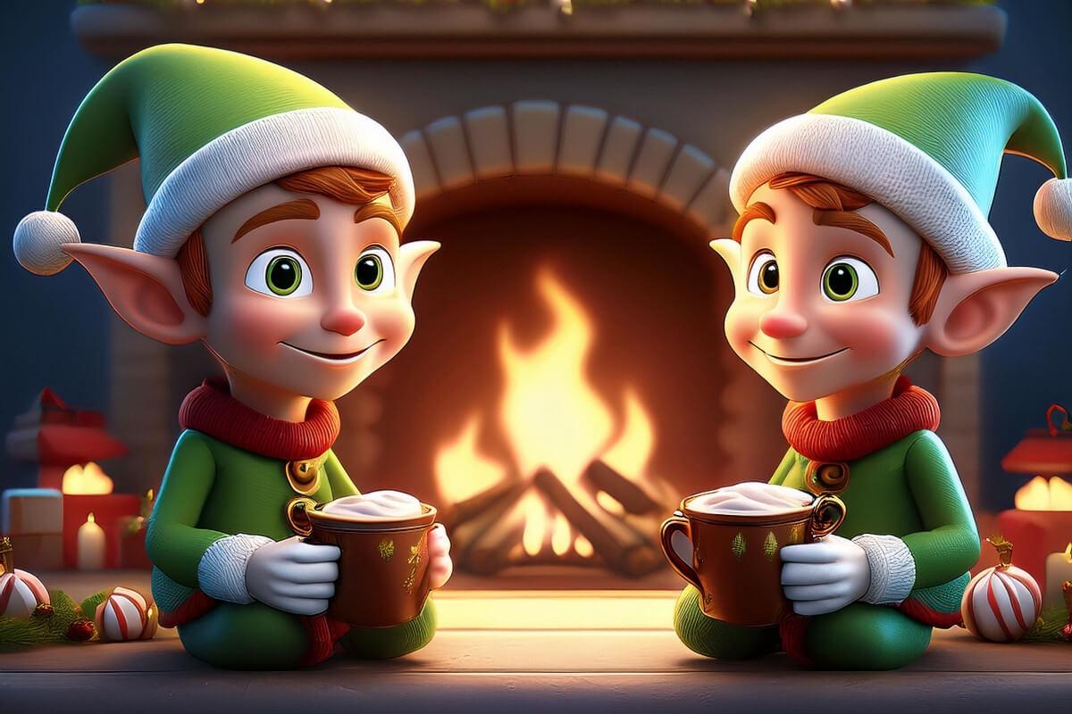 Two of Santa's elves sit in front of a fireplace with mugs of hot chocolate in their hands.