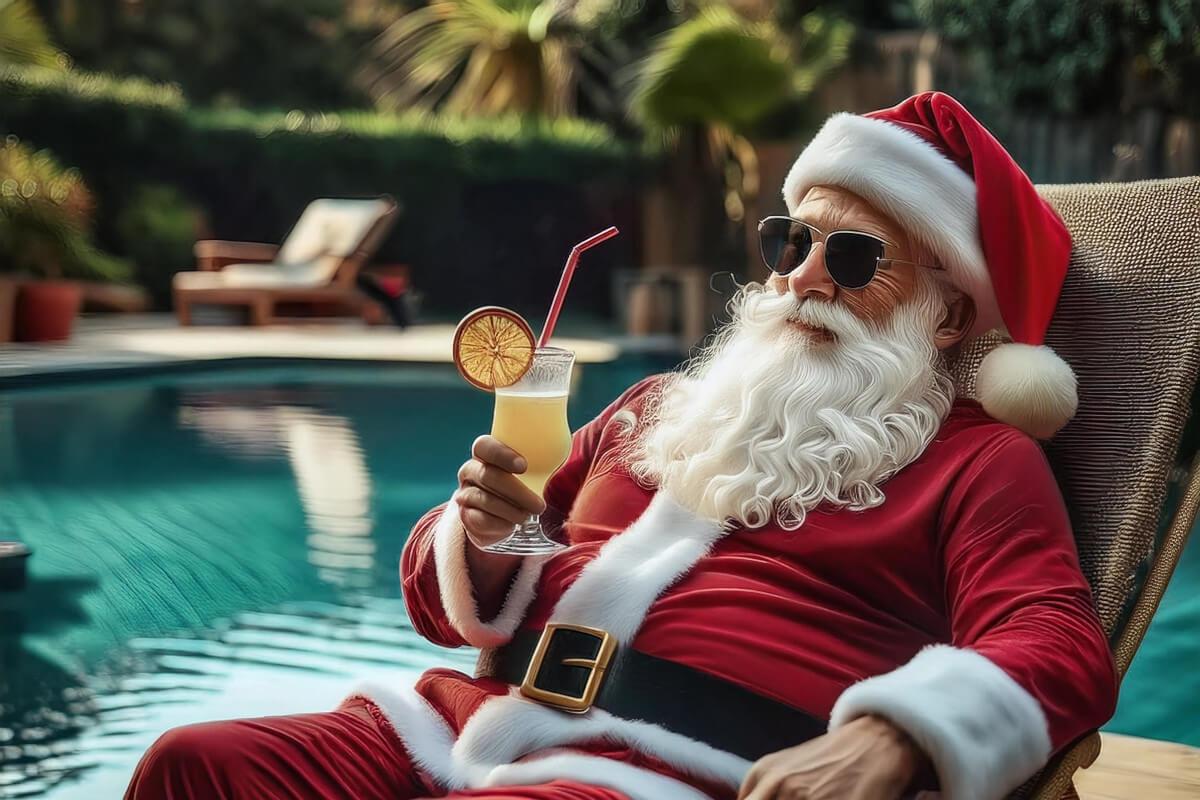 Santa Claus lounges by a pool with a summery drink in his hand.