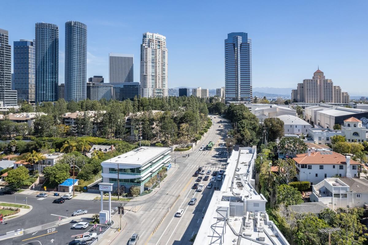 An aerial view of Los Angeles, California, shows 2121 Avenue of the Stars in the background.