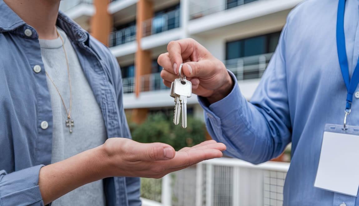 Landlord hands keys to tenant. 