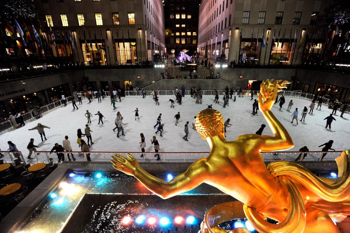 The Prometheus sculpture in Rockefeller Center overlooks an ice-skating rink in the winter, where a scene from "Elf" was filmed.