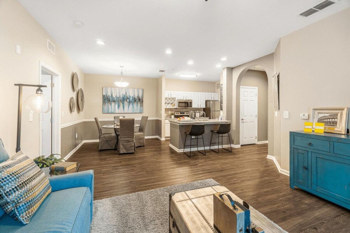 The Oaks at Normandy Apartments offer open-concept units with hardwood or vinyl flooring.