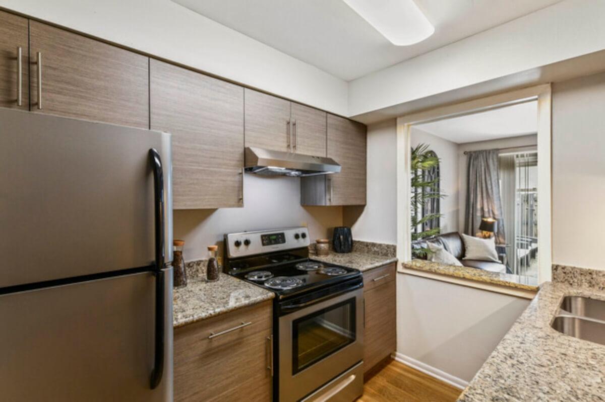 Units in Westpark Townhomes have kitchens that connect to the living room.