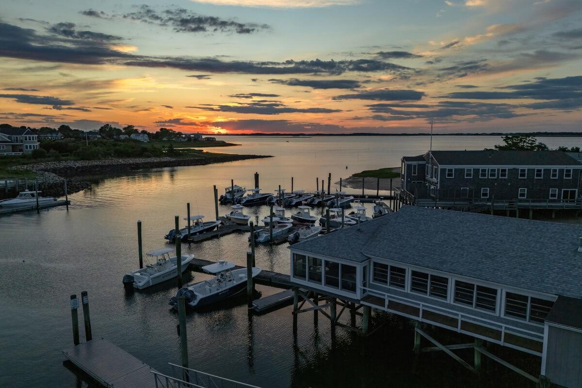 An aerial view of Cape Cod shows the Barnstable Village area at sunset.