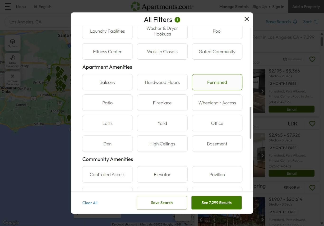 Filter by furnished rentals on Apartments.com under the "Apartment Amenities" section.