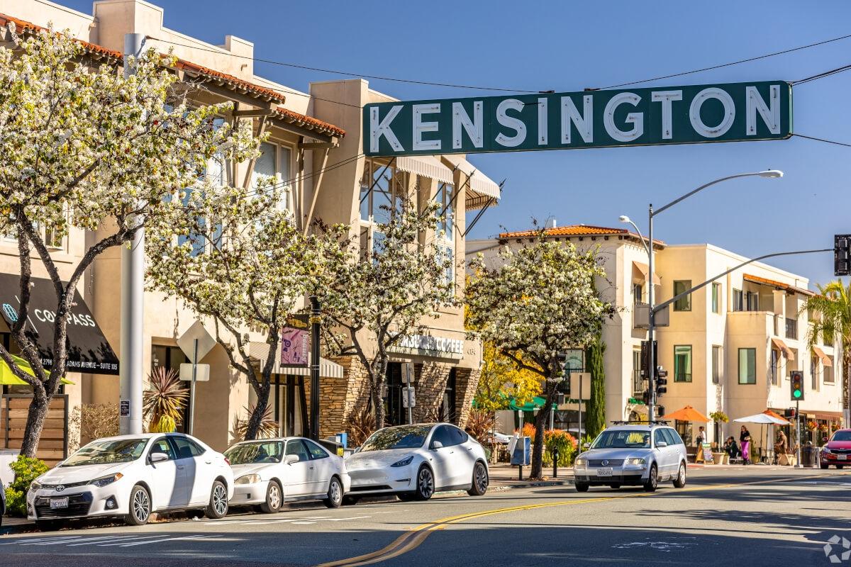 A Kensington neighborhood sign hanging over a street lined with retail shops.