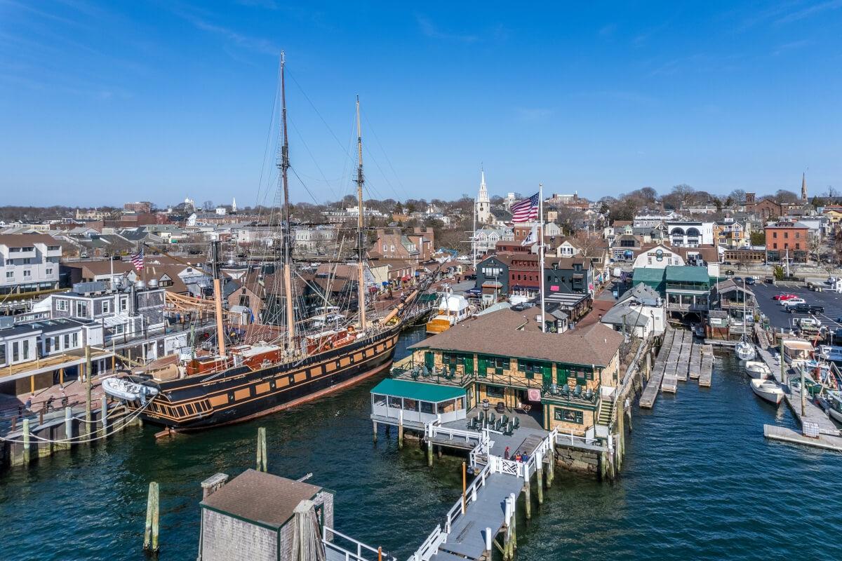 Ships moor in Narragansett Bay in Newport, Rhode Island.