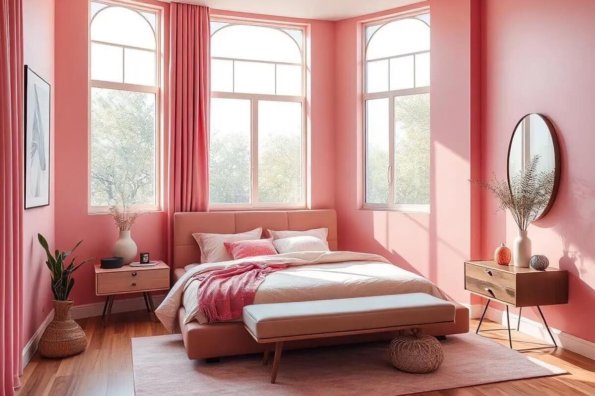 Sunlight streams through bay windows in an all-pink bedroom.