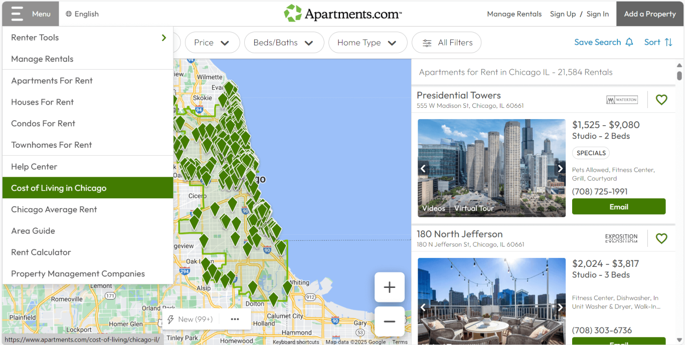 The Cost of Living Calculator is located under the menu in the top left corner when you search for rentals in a specific city.