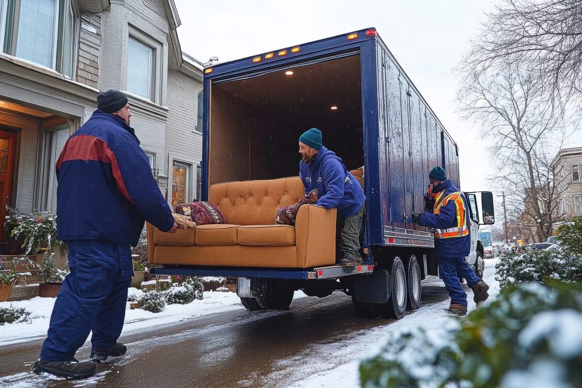 Movers unload furniture during a winter move.