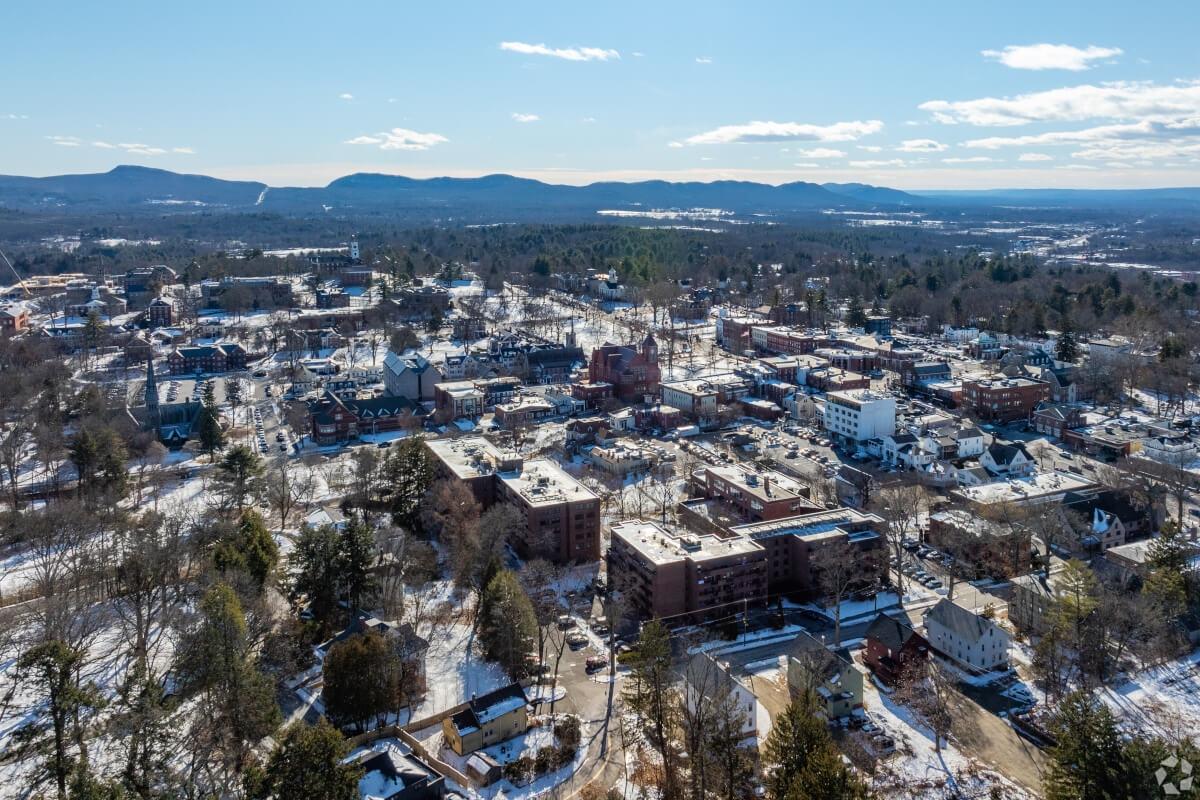 An aerial view of Amherst shows a light dusting of snow.