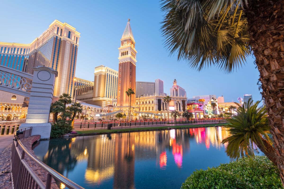 The Las Vegas skyline from a waterfront view at night