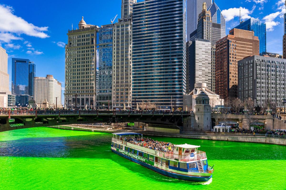 A St. Patrick’s Day cruise sails down the green Chicago River.