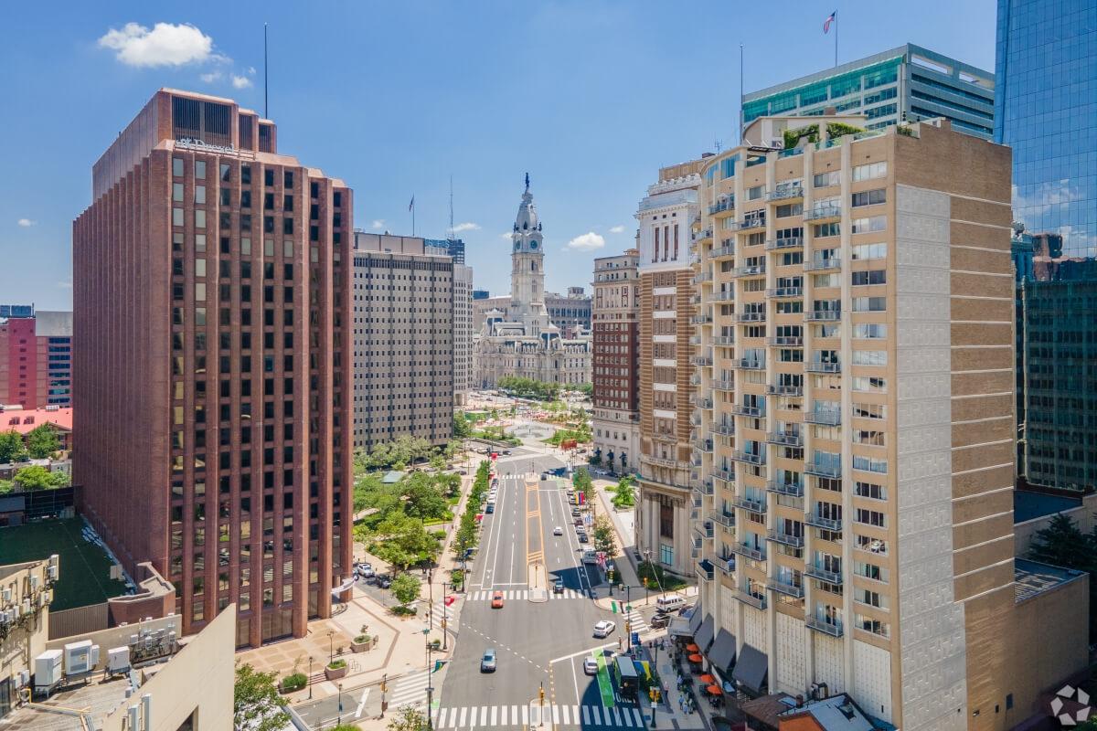 An aerial view of Logan Square in Philadelphia, one of the stops along the city’s St. Patrick’s Day Parade route.