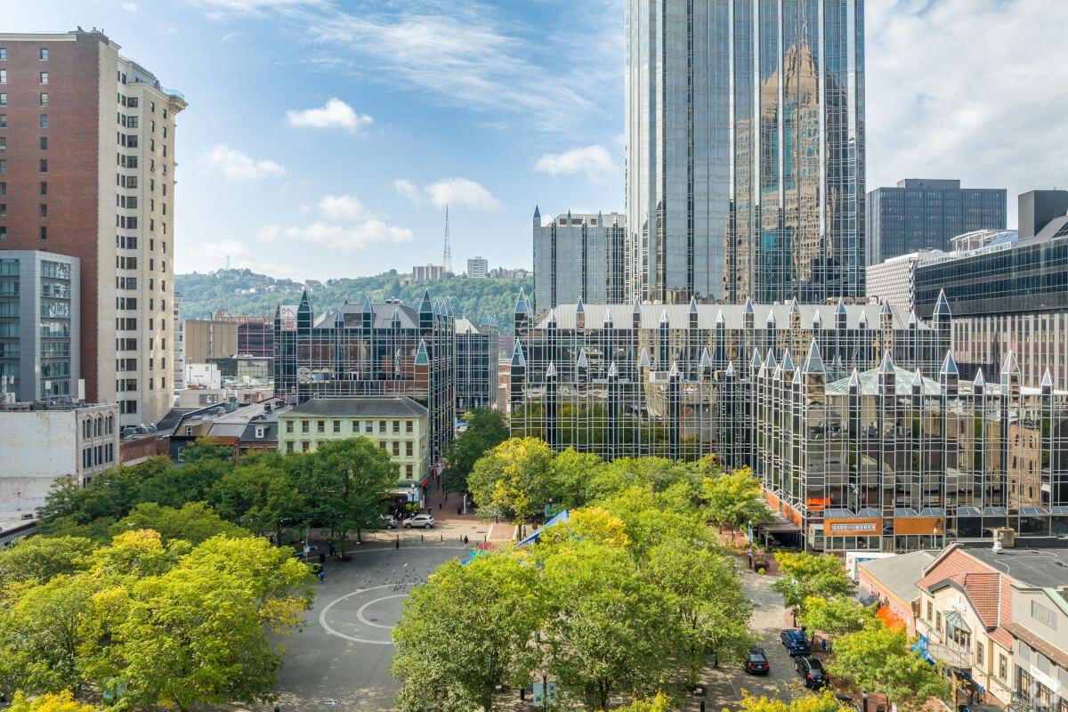 An aerial view of PPG Plaza in Pittsburgh, where the Pittsburgh St. Patrick’s Day Parade ends.