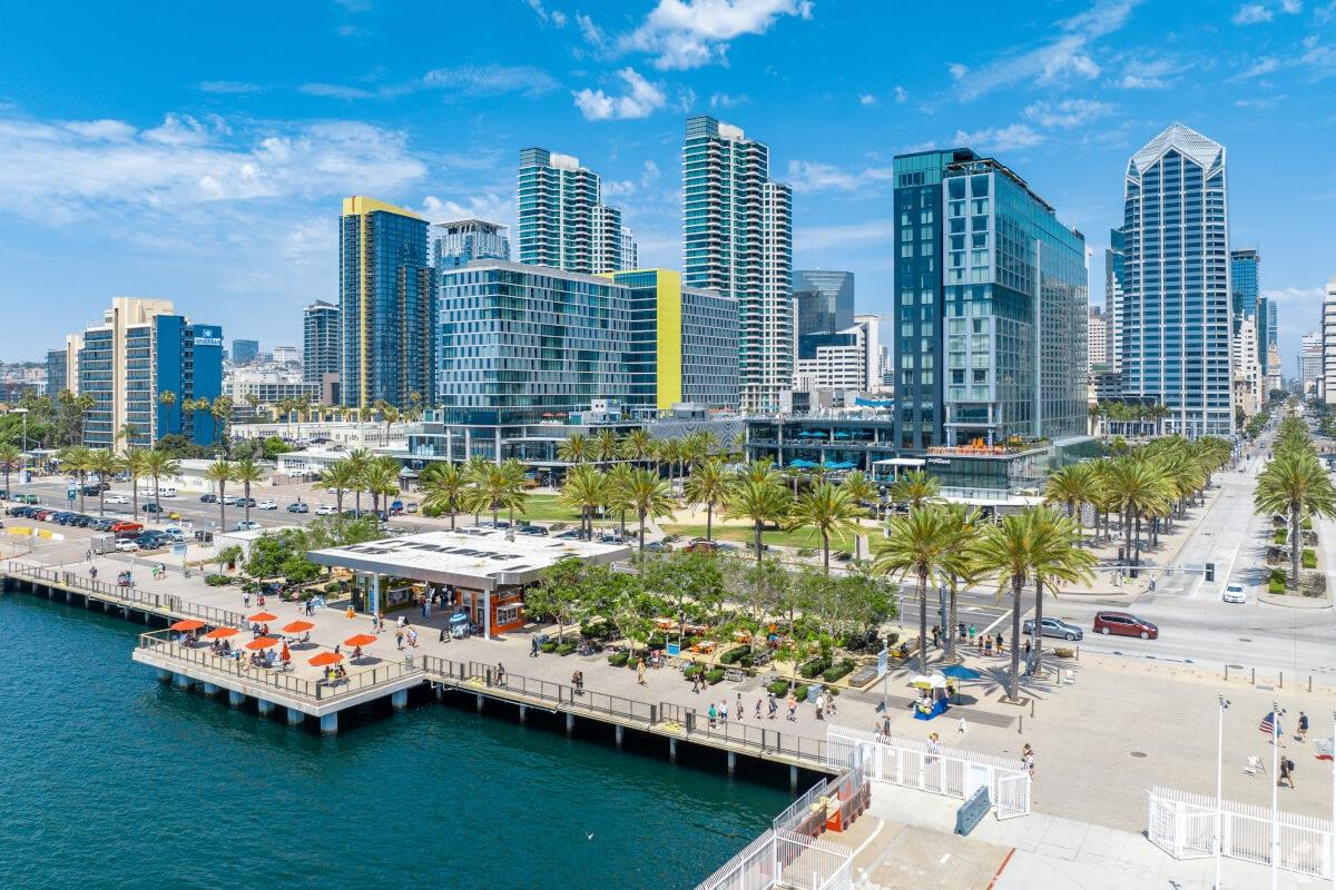 Aerial shot of downtown San Diego from over the San Diego Bay.