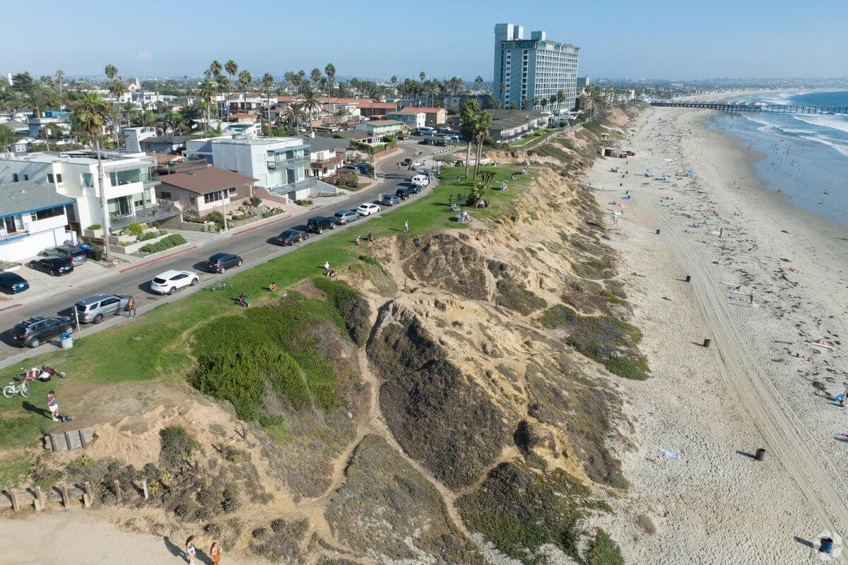 Aerial shot of pacific beach and the ocean.