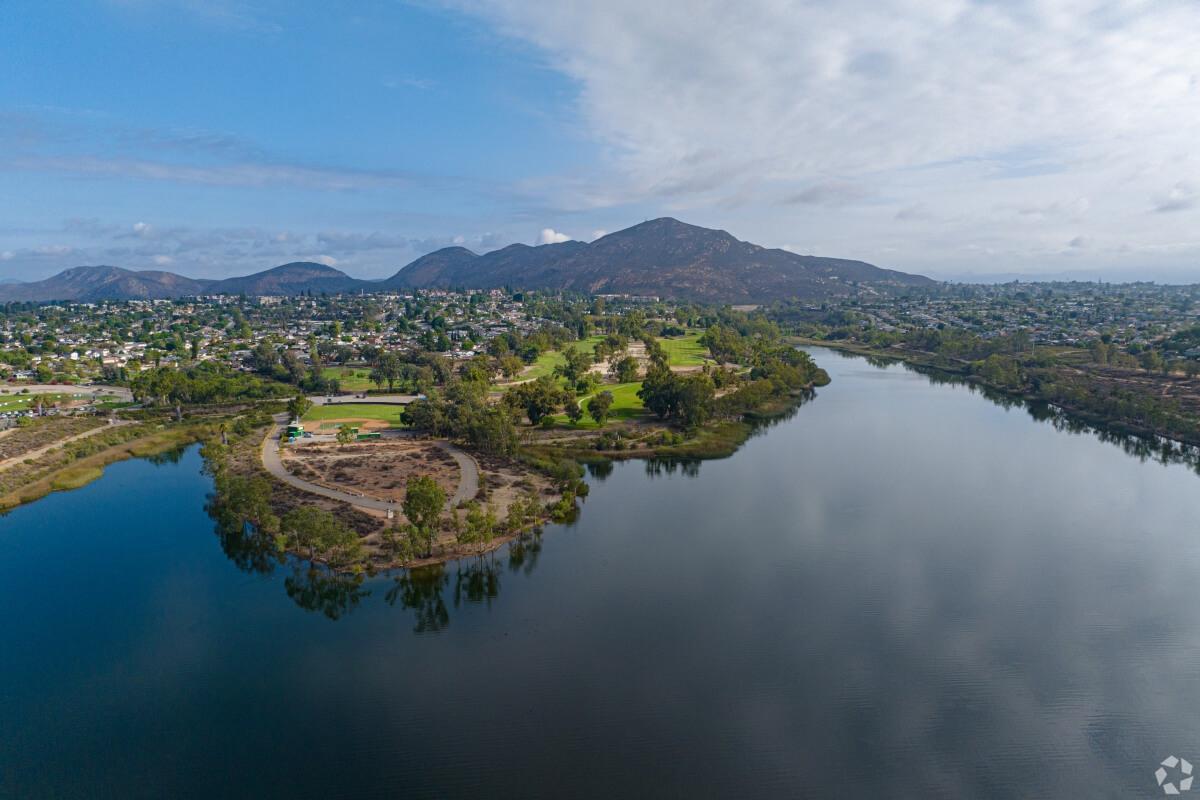 Aerial shot over Lake Murray with Cowles Mountain in the background.