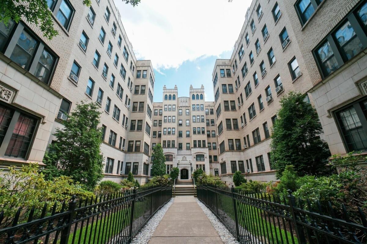 Modern apartment units in The Wendover Community in Squirrel Hill South contrast the community’s neoclassical architecture.