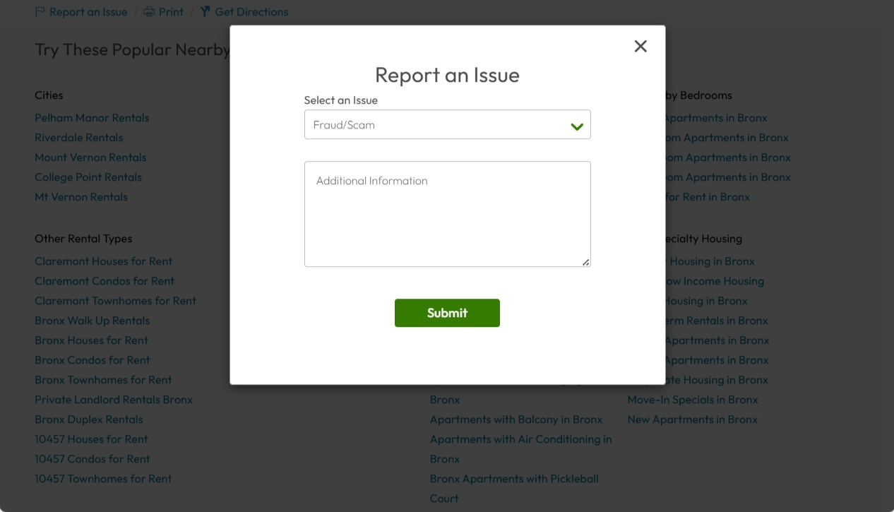 A screenshot shows the "Report an Issue" popup on Apartments.com.