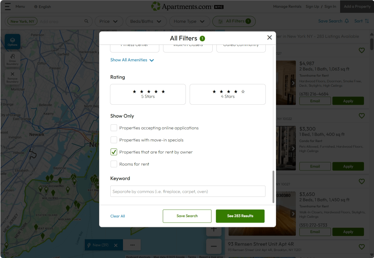 A screenshot of the filters popup on Apartments.com shows the "Properties that are for rent by owner" filter selected.